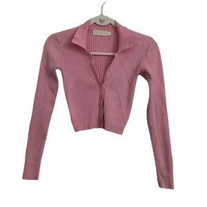 MESHKI Cardigan Crop Top Small Pink Ribbed Long Sleeve Knit Y2K Pastel Preppy